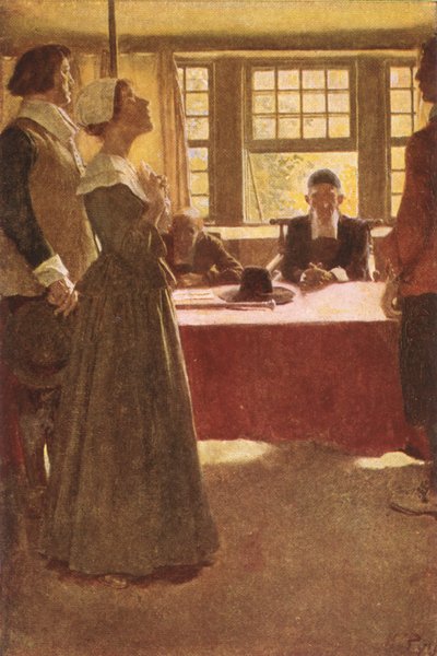 Mary Dyer wird vor Gouverneur Endicott gebracht, Illustration aus 
