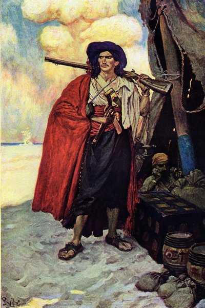 Porträt eines Piraten mit Gewehr. Neben ihm der Schatz und das Zelt auf der verlassenen Insel. Illustration aus „Book of Pirates Buccaneers and Marooners of the Spanish Main“ von Howard Pyle (1853-1911), amerikanischer Illustrator von Howard Pyle
