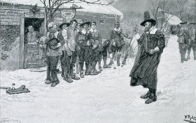 Der puritanische Gouverneur unterbricht die Weihnachtsspiele, graviert von J. Bernstrom, Illustration aus 