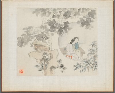 Album von Landschaftsgemälden, die alte Gedichte illustrieren: Zwei Frauen sitzen an einem Tisch..., 1700er Jahre von Hua Yan