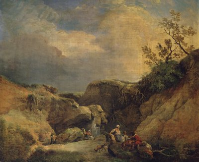 Eine felsige bewaldete Landschaft mit Reisenden, die sich an einem Wasserfall unterhalten von Hubert (circle of) Robert