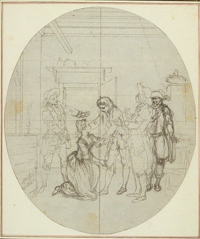 Studie für eine nie veröffentlichte zweite Ausgabe von Colles "La Partie de Chasse de Henri IV", Akt III, Szene 11 von Hubert Francois Gravelot