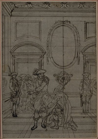 Studie für eine nie veröffentlichte zweite Ausgabe von Colles "La Partie de Chasse de Henri IV", Akt I, Szene 6 von Hubert Francois Gravelot
