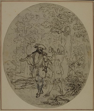 Studie für eine nie veröffentlichte zweite Ausgabe von Colles "La Partie de Chasse de Henri IV", Akt II, Szene 11 von Hubert Francois Gravelot