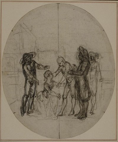 Studie für eine nie veröffentlichte zweite Ausgabe von Colles "La Partie de Chasse de Henri IV", Akt III, Szene 11 von Hubert Francois Gravelot