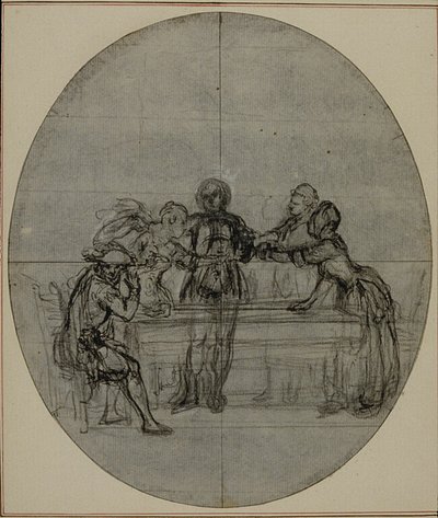 Studie für eine nie veröffentlichte zweite Ausgabe von Colles "La Partie de Chasse de Henri IV", Akt III, Szene 10 von Hubert Francois Gravelot