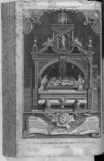Das Denkmal für Heinrich II. und Richard I. in der Abtei Fontevrault, graviert von John Goldar, 1786 von Hubert Francois Gravelot