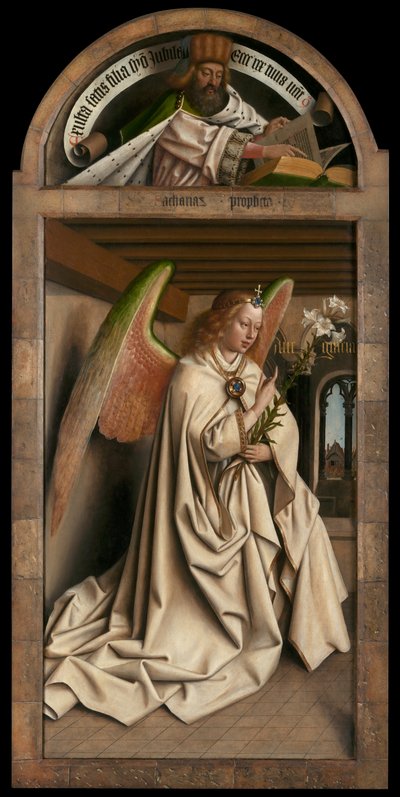 Lunette: der Prophet Sacharja. Unteres Panel: Engel der Verkündigung, von der Außenseite des linken Flügels des Genter Altars von Hubert & Jan van (1390 1441) Eyck