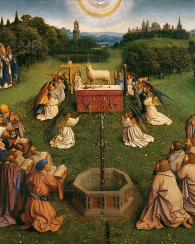 Die Anbetung des mystischen Lammes, vom Genter Altar, Detail der unteren Hälfte des zentralen Panels von Hubert & Jan van (1390 1441) Eyck