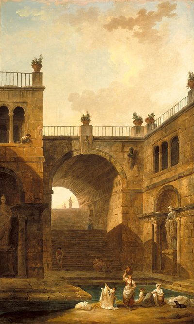 Architekturszene mit Frauen, die Kleidung an einem Pool waschen von Hubert Robert