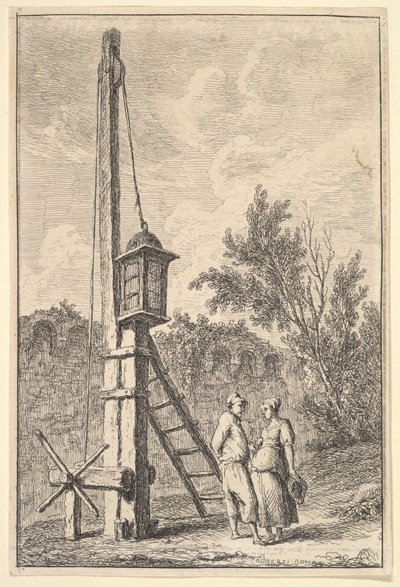 Tafel 9: Der Flaschenzug: ein Mann und eine Frau im Gespräch nach rechts, eine Laterne hängt an einem Pfosten, ca. 1763-64 von Hubert Robert