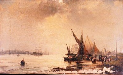 Fischerleute am Ufer in einer ruhigen Mündungsszene bei Tagesanbruch von Hubert Thornley