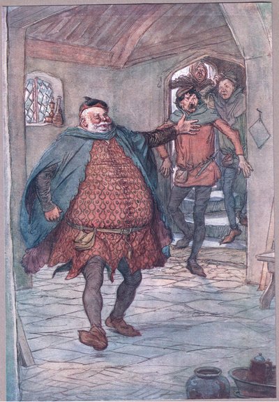 Eintritt Falstaff, Pistole, Nym und Bardolph, Illustration aus Die lustigen Weiber von Windsor, 1910 von Hugh Thomson
