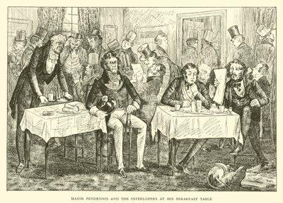 Major Pendennis und die Eindringlinge an seinem Frühstückstisch (Gravur) von Hugh Thomson