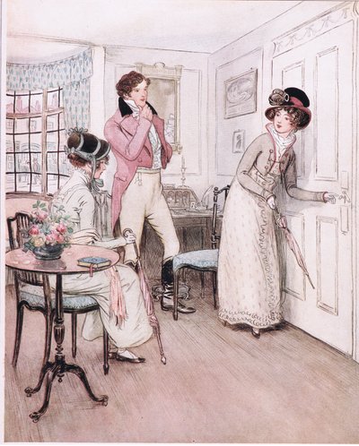 Miss Henrietta und Miss Fanny, ermutigt durch dieses Mitgefühl, nähern sich der Tür des interessanten Schlafzimmers. von Hugh Thomson