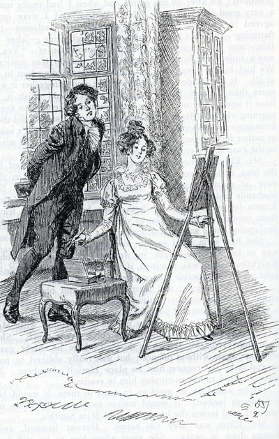 Mr. Elton bewundert das Porträt von Hariett, gemalt von Emma von Hugh Thomson
