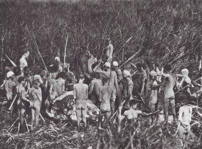 Afrika: Nuer-Jäger mit Elefantenkörper von Hugo Adolf Bernatzik