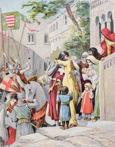 John Hunyadi umarmt seine Frau Erzsebet Szilagyi, bevor er in die Schlacht zieht, ca. 1900 von Hungarian School