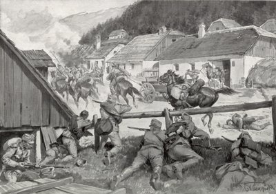 Plündernde Kosaken werden von ungarischen Truppen in einem ungarischen Dorf überrascht von Hungarian School