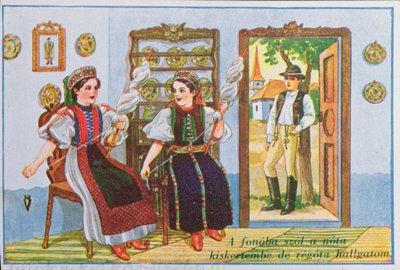 Postkarte darstellend Frauen in traditioneller ungarischer Kleidung beim Spinnen und Singen des beliebten Liedes Sing ein Lied für den Frosch, ca. 1940 von Hungarian School