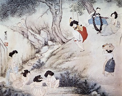 Frauen im Freien (Bad im Fluss und Schaukel) und zwei Männer, die sie beobachten, Kree - von Hye-Wol, Yi-Dynastie von Hyewon