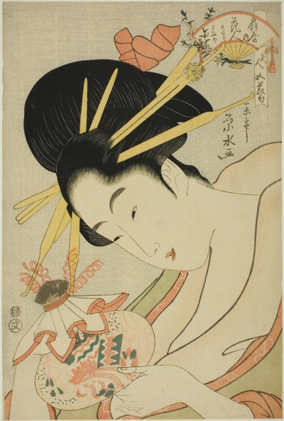 Die Kurtisane Hanahito von Ogiya und die Begleiterinnen Sakura und Momiji, aus der Serie "Schönheiten der fünf Feste" von Ichirakutei Eisui