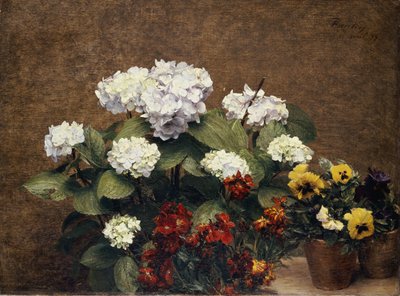 Hortensien und Levkojen mit zwei Töpfen Stiefmütterchen, 1879 von Ignace Henri Jean Fantin Latour