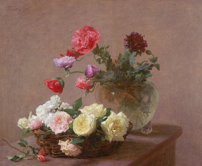 Mohnblumen in einer Kristallvase oder Korb mit Rosen, 1890 von Ignace Henri Jean Fantin Latour
