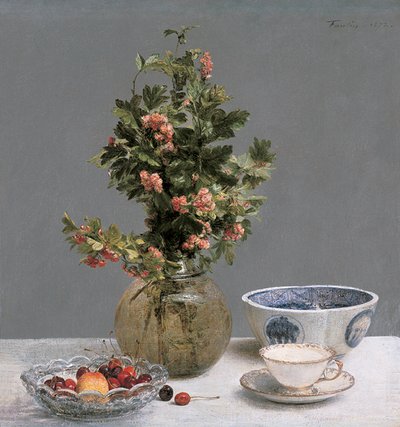 Stillleben mit Weißdornvase, Schale mit Kirschen, japanischer Schale und Tasse mit Untertasse von Ignace Henri Jean Fantin Latour