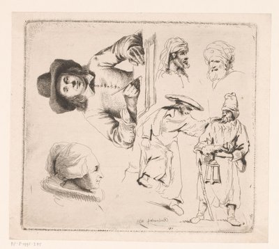 Komposition mit schreibendem Mann, Kopf einer Frau und vier männlichen Figuren von Ignace Joseph de Claussin