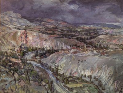 Landschaft in Navarra – 20. Jahrhundert – 75,5 × 09 cm – Öl auf Karton von Ignacio Zuloaga y Zabaleta