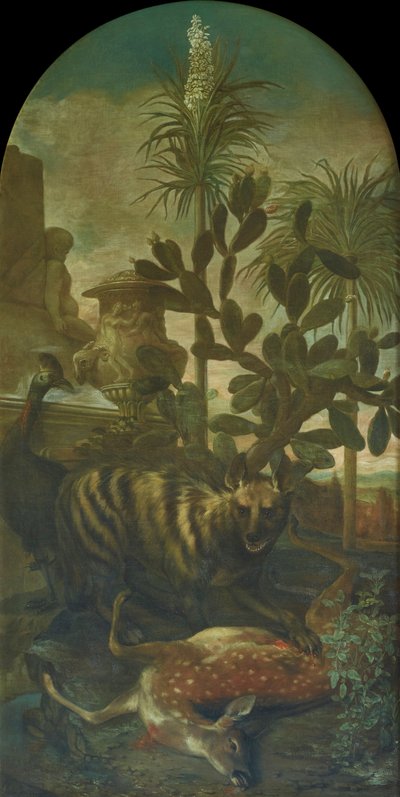 Hyäne, Antilope und Kasuar in Kakteenlandschaft von Ignaz Heinitz von Heinzenthal