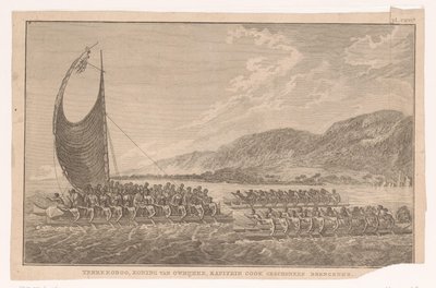 Einwohner von Hawaii und ihr König fahren in Kanus zu James Cook, um ihm Geschenke zu bringen von Ignaz Sebastian Klauber (possibly)