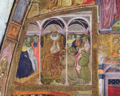 Der heilige Franziskus bittet Papst Honorius III. um die Bestätigung des Ablasses, Fresko aus der Porziuncola, 1393 von Ilario da Viterbo