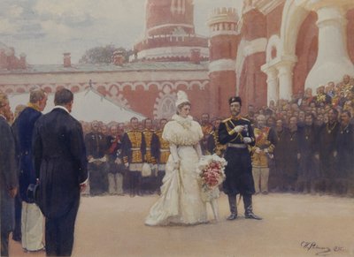 Nikolaus II. empfängt Bezirksälteste am 18. Mai 1896 im Hof des Petrowski-Palastes in Moskau, 1897 von Ilya Efimovich Repin