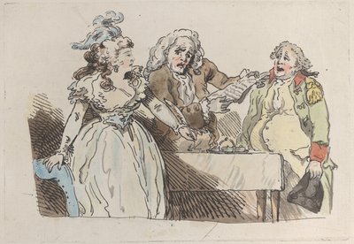 Eine junge Erbin bereitet sich darauf vor, ein Dokument zu unterschreiben, 1780-1800 von Imitator of Thomas Rowlandson.