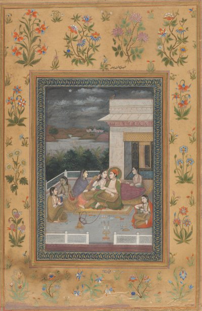 Ein Paar auf einer Terrasse, umgeben von Dienern und Musikern von Indian 18th Century