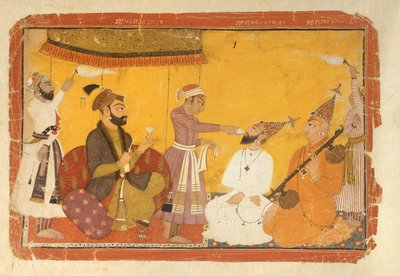 Gosain Narayan nimmt Gift in Anwesenheit von Kaiser Jahangir, Nurpur, Pahari-Schule, 1725 von Indian School