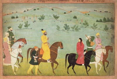 Ein Jasrota-Prinz, möglicherweise Balwant Singh, auf einem Reitausflug, von Nainsukh (tätig 1740-50) Kaschmir, ca. 1751 von Indian School