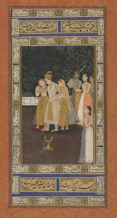 Ein Prinz mit Haremsdamen, Albumblatt mit Malerei, frühes 18. Jahrhundert von Indian School