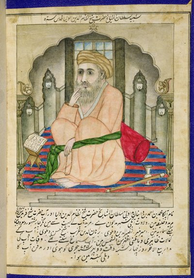 Ein Sufi-Weiser, der in einer Nische sitzt, aus einem Album von Miniaturen im persischen Stil mit Deccan-Text von Indian School