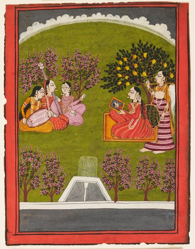 Eine Dame sitzt mit einem Spiegel im Garten, mit einer Magd und drei Musikern, ca. 1909 von Indian School