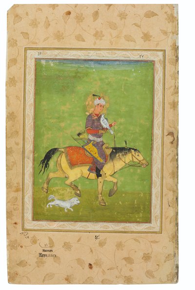 Ein Gemälde von Iraj auf einem Pferd, der mit einem Falken jagt, Indien, Mogulzeit, spätes 16. Jahrhundert von Indian School