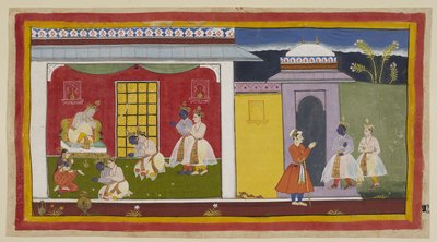 Rama und Laksmana rechts, mit Rama nun in zeitgenössischer Hofkleidung, nähern sich dem Tor von Kaikeyis Palast und lassen ihre Sandalen an der Tür, bevor sie in den Audienzsaal kommen. Sie knien respektvoll vor dem De von Indian School