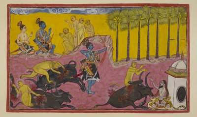 Sugriva und seine Affen, oben links zu sehen, erzählen Rama und Laksmana die Geschichte von Bāli und Dundubhi. Bāli war so mächtig, dass er den Dämon Glied für Glied zerreißen und dann die Leiche in die Luft schleudern konnte. von Indian School