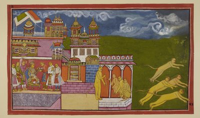 Sugriva sitzt auf seinem Thron und nimmt von einem Diener ein Getränk entgegen, nachdem er von Hanuman beraten wurde, Laksmana zu besänftigen. Sugriva hat auf Hanumans Drängen Boten ausgesandt, um seine Truppen zu versammeln von Indian School