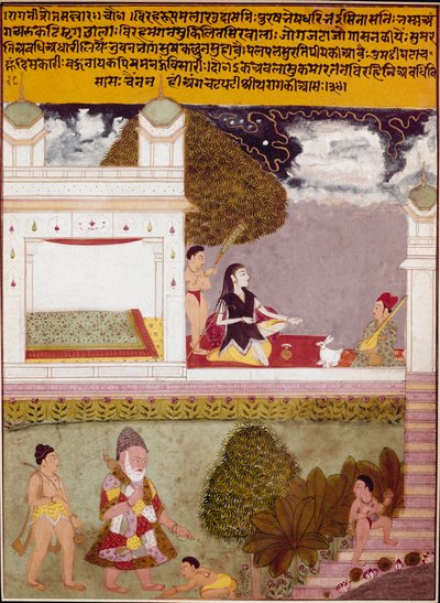 Ein Asket hört Musik auf der Terrasse eines Palastes. Miniatur der indischen Schule (um 1760) von Indian School