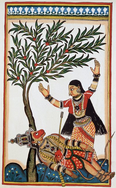 Bali von einem Pfeil getötet, neben ihm seine Frau Tara, Lithographie 18. Jahrhundert von Indian School
