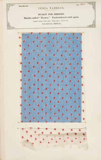 Musselinprobe mit goldenen Blumen bedruckt aus Jeypore in Rajpootana States, aus The Collection of the Textile Manufacturers of India, von John Forbes Watson, veröffentlicht 1866 von Indian School