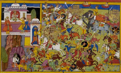 Dhanada befiehlt den Yakshas, gegen Ravanas Dämonenarmee zu kämpfen von Indian School